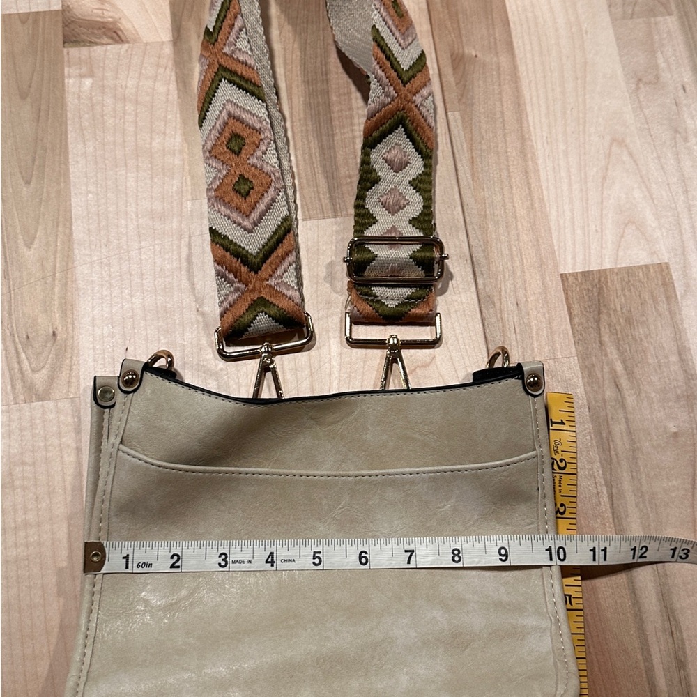 Beige Crossbody Bag with Patterned Strap